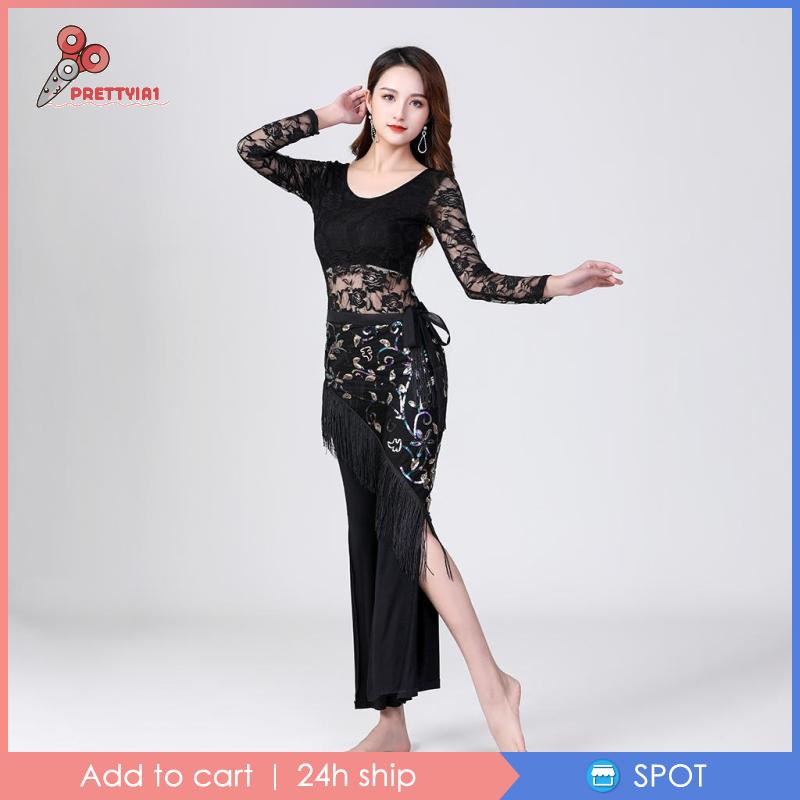 [Prettyia1] Thắt Lưng Dây Xích Tua Rua Bằng Vải Voan Đính Kim Sa Màu Đỏ Hóa Trang Múa
