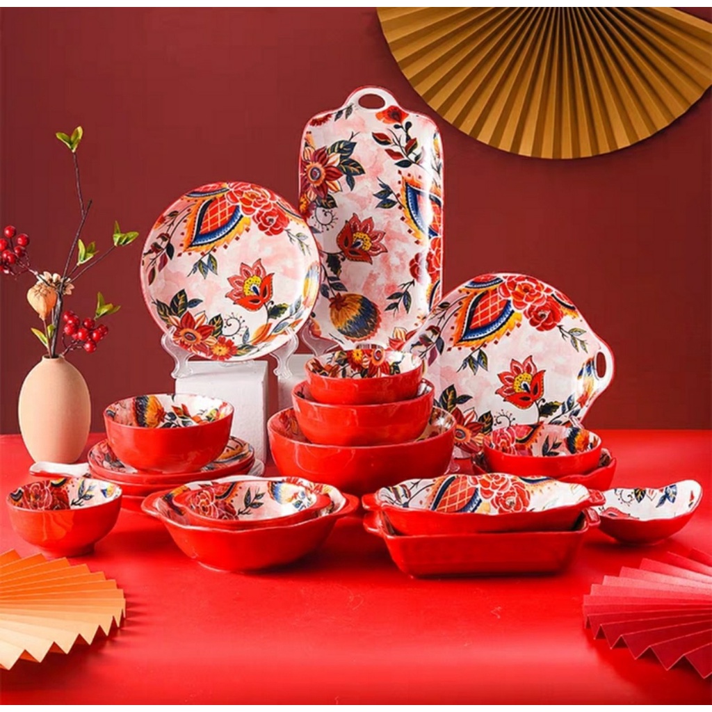 Set Bát Đĩa Decor Hoa Đỏ Cao Cấp