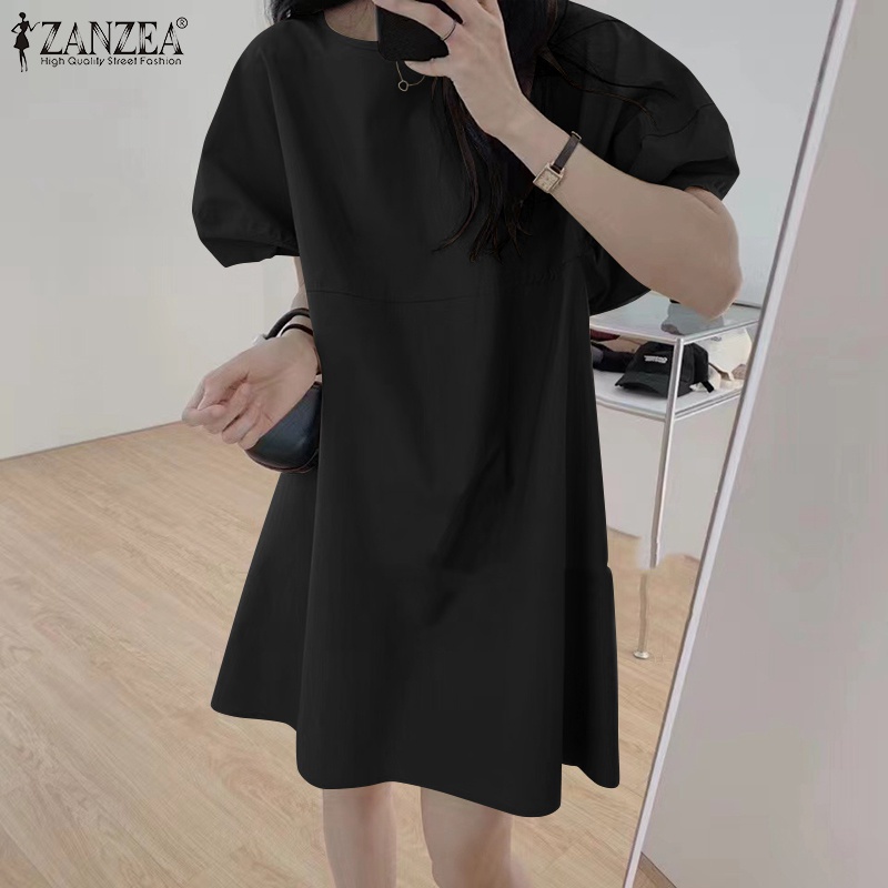 Đầm ZANZEA tay phồng ngắn màu trơn dáng rộng thời trang cho nữ