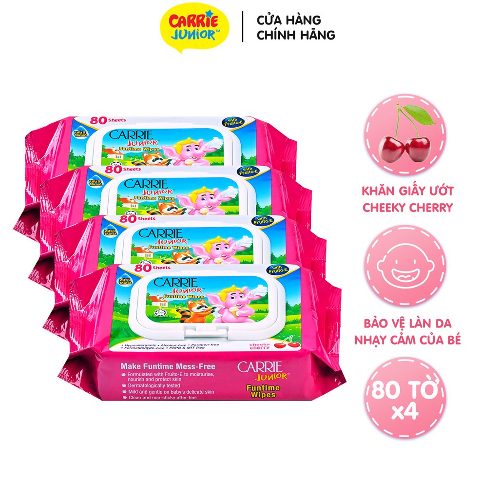 [Mã MKBBDCJ5 giảm 8% đơn 150k] Combo 4 Gói Khăn Giấy Ướt Carrie Junior Funtime Cheeky Cherry 80 tờ/ gói