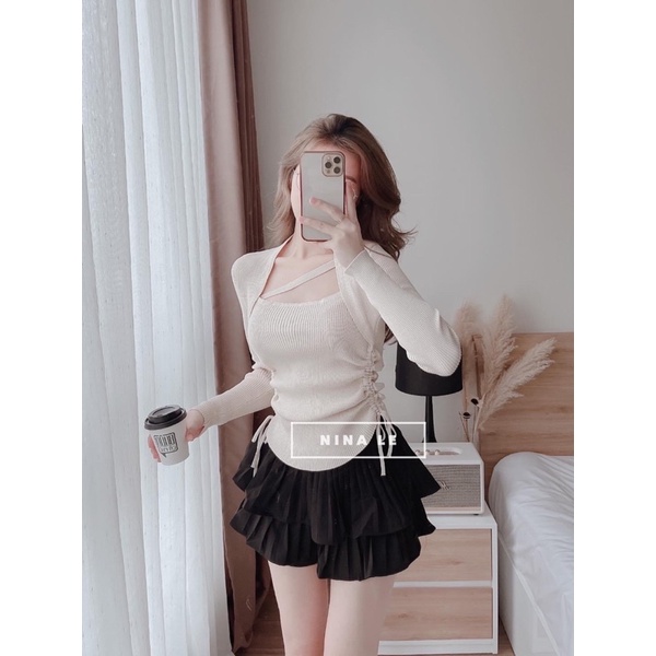Áo len tăm cổ vuông dây chéo rút dây 2 bên, Áo kiểu dài tay dáng ôm AL1830 - NhiNhi Shop | BigBuy360 - bigbuy360.vn