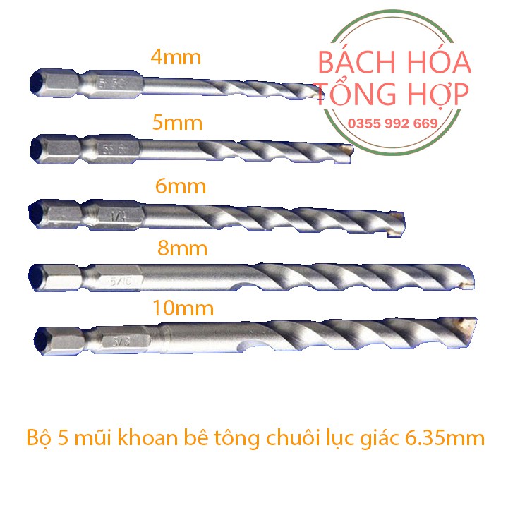 Bộ 5 mũi khoan tường,khoan bê tông chuôi lục giác 6.35mm 4 - 10mm cho máy khoan pin và máy khoan điện đầu kẹp