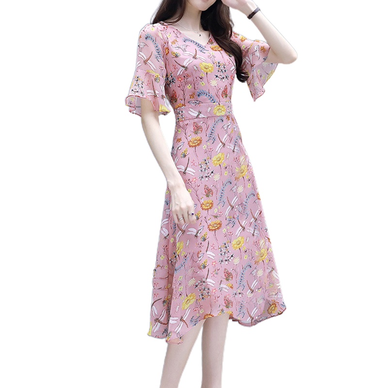 Đầm Midi Dáng Chữ A Tay Loe Cổ Chữ V In Họa Tiết Hoa Thời Trang Xinh Xắn Cho Nữ