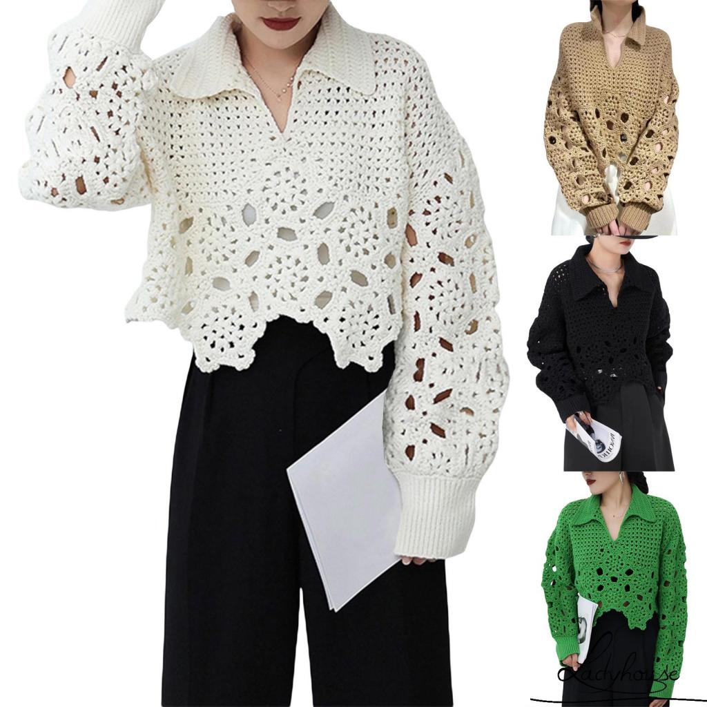 Áo Sweater Dệt Kim Dáng Rộng Màu Trơn Khoét Rỗng Trang Trí Mùa Xuân Cho Nữ