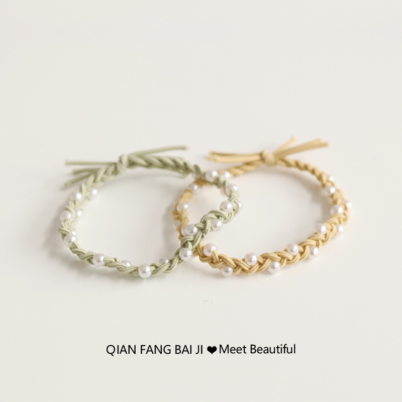 Dây Buộc Tóc Cao Su Bọc Da Đính Hạt Ngọc Trai Làm Bằng Tay Phong Cách Thanh Lịch Đơn Giản Cho Nữ