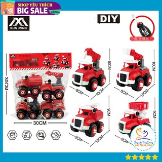 [Loại to, đẹp] Set 4 xe ô tô cứu hoả lắp ráp,đồ chơi lắp ghép thông minh rèn trí tuệ cho bé