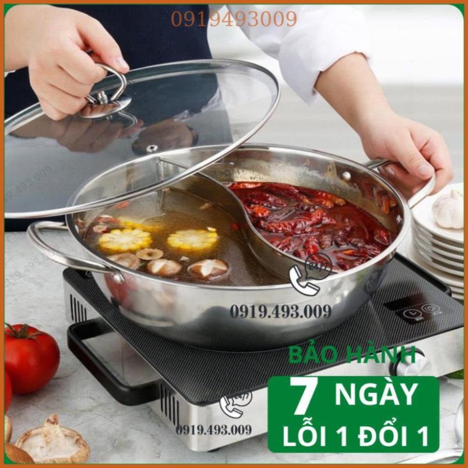 Nồi lẩu 2 ngăn size 30cm nấu được bếp từ chất liệu inox 304 kèm nắp kính dày dặn, dùng cho gia đình 4-6 người , SALE LỚN