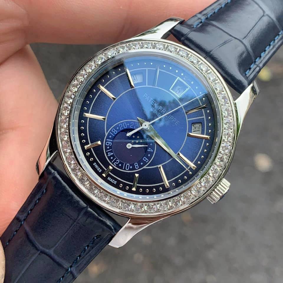 Đồng hồ Nam Ptek vành đá trăng sao máy nhật chạy cơ Automatic có thứ ngày tháng vỏ trắng dây da