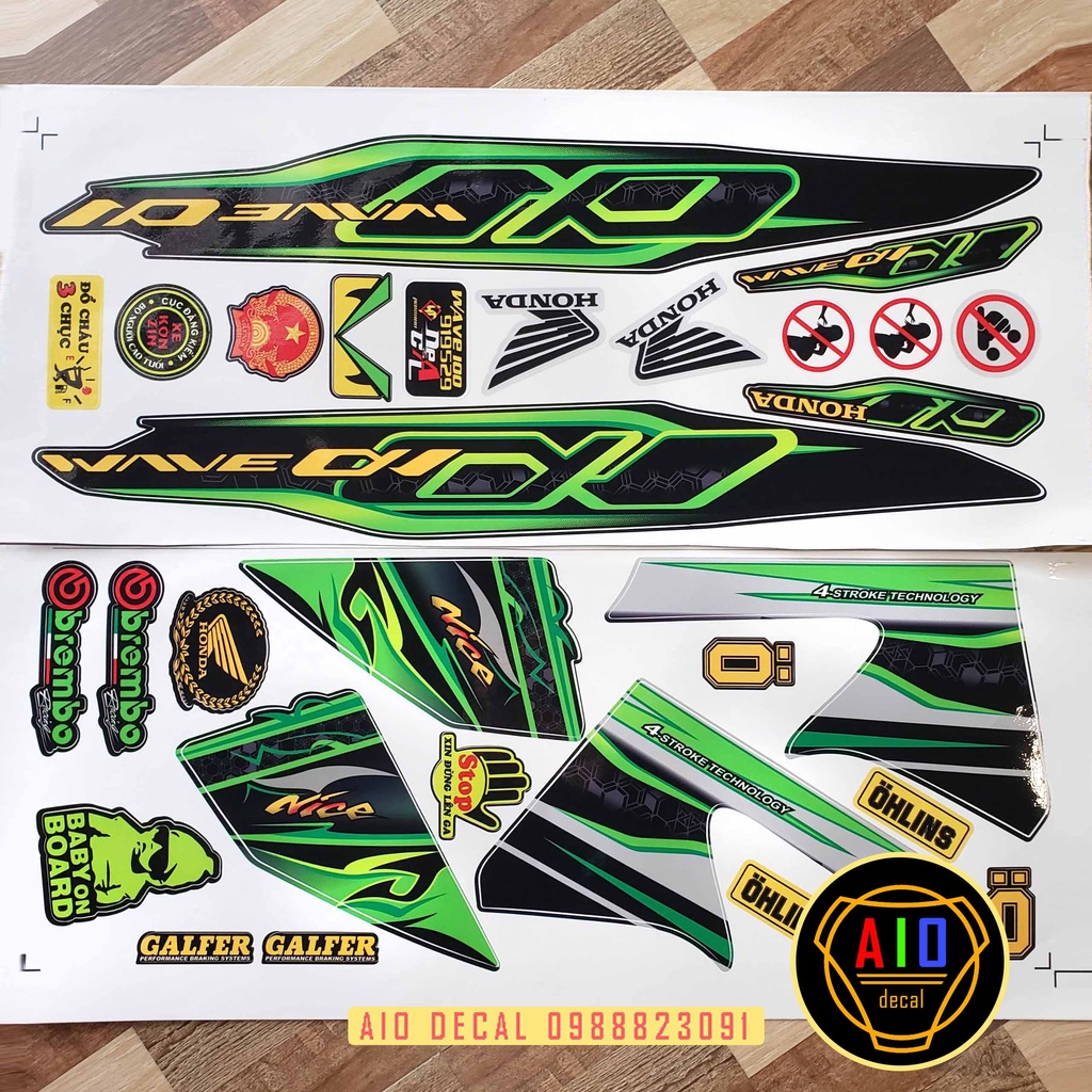 Tem Rời Wave 50cc,100cc Xanh lá nền đen (2010-2016)- Ảnh Thật (Decal Wave) (Tem xe Wave)