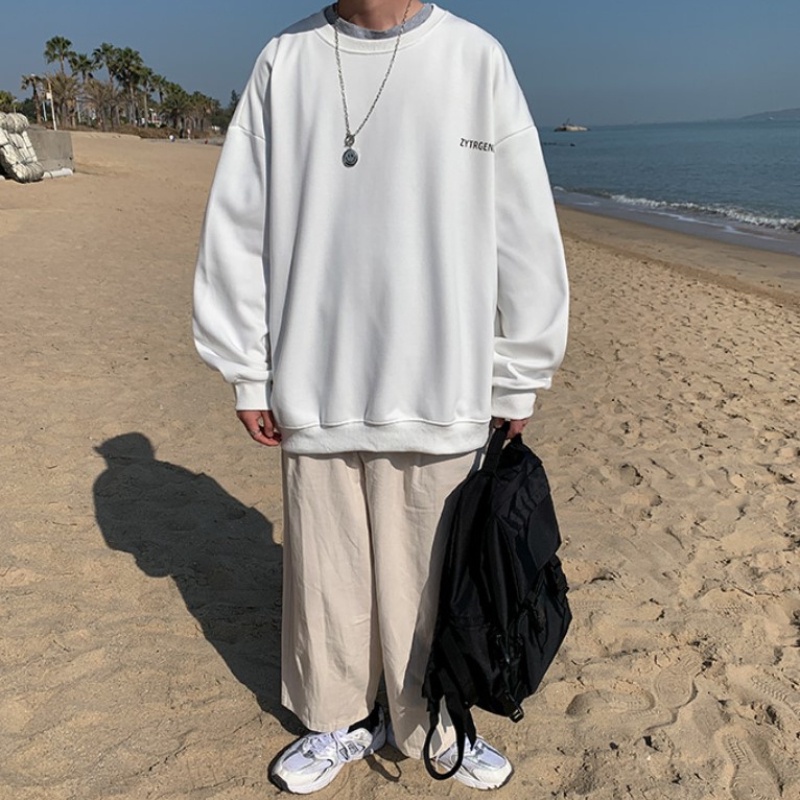 Áo sweater chui đầu tay dài cổ tròn dáng rộng in chữ màu trơn phong cách Hàn Quốc cỡ M-5XL cho nam