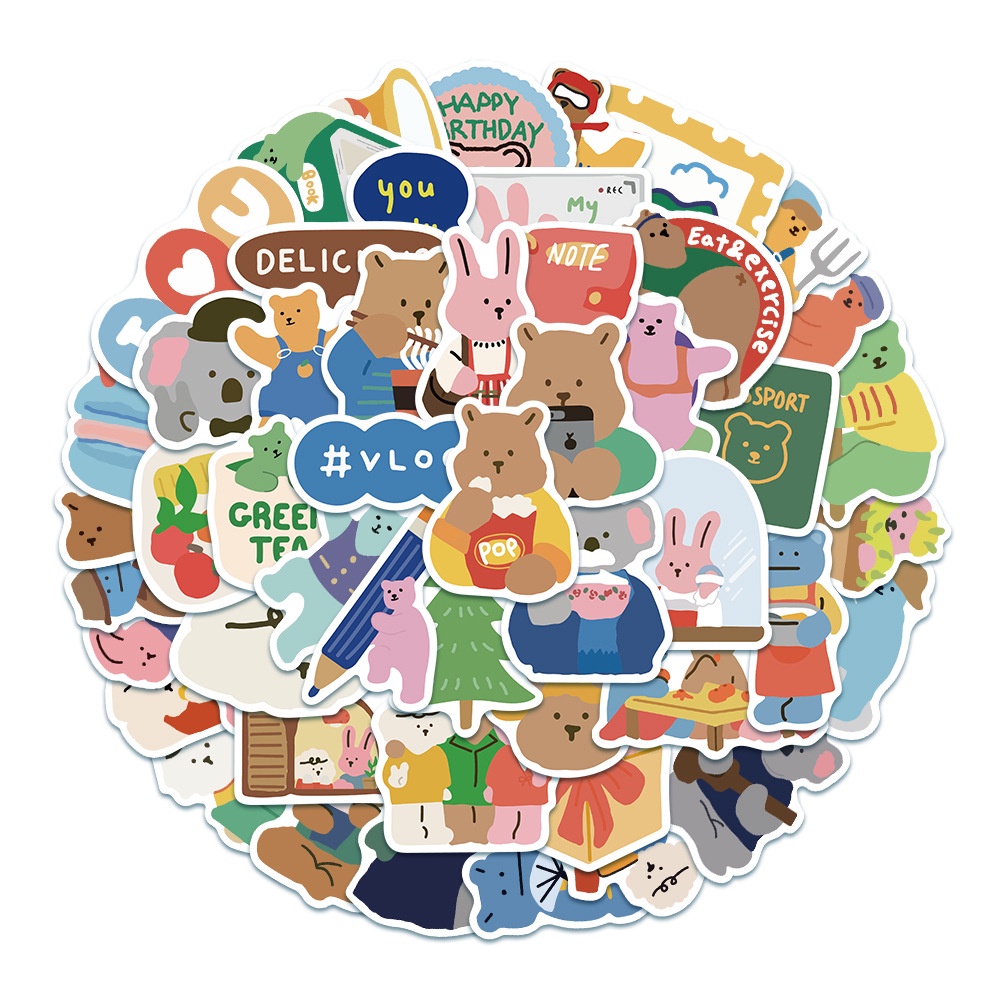 Bộ 50 Tấm Nhãn Dán Trang Trí Cốc Nước/Nhật Ký Họa Tiết Chú Gấu Hoạt Hình Kiểu Hàn Quốc Dễ Thương