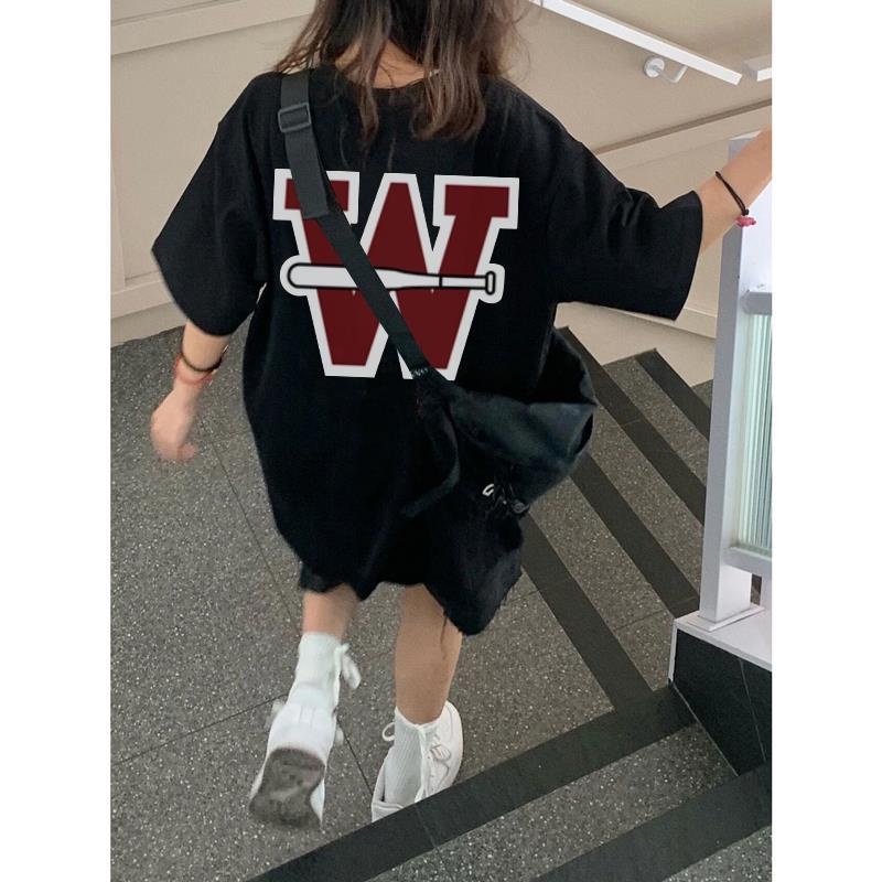 Áo Thun 100% Cotton Tay Ngắn Dáng Rộng In Chữ Phong Cách Âu Mỹ Thời Trang Mùa Hè Cho Nữ