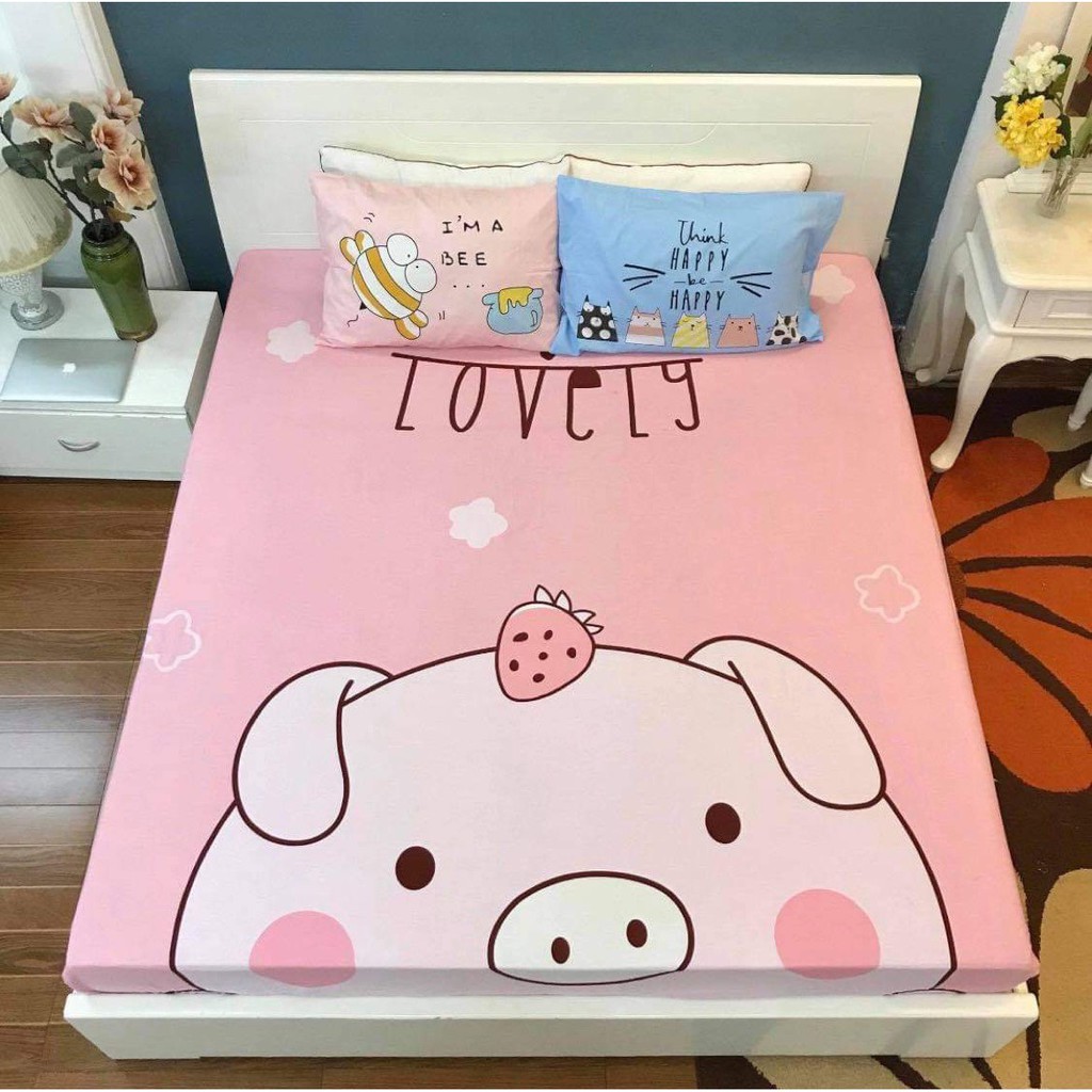 Drap giường cotton , ga trải giường cotton 3D họa tiết ngộ nghĩnh cho bé tặng kèm 2 vỏ gối