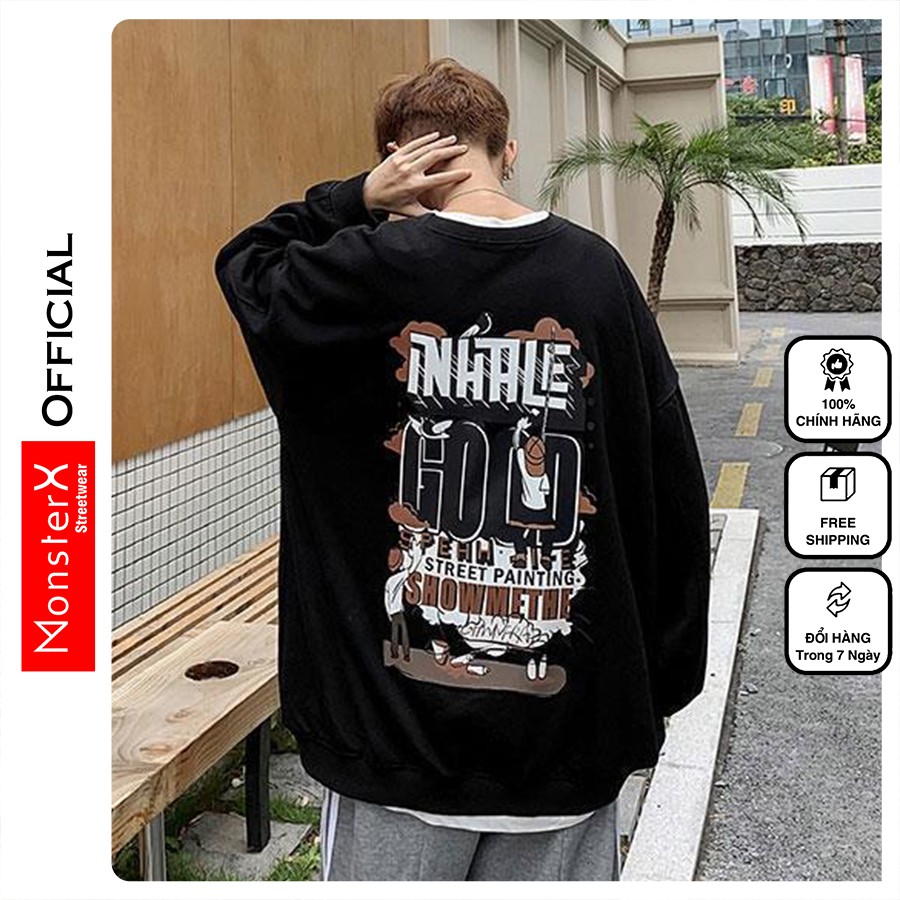 Áo dài tay NỈ BÔNG Unisex MonsterX HXLE Basic Sweater Ulzzang cặp đôi nam nữ form rộng oversize Hàn Quốc