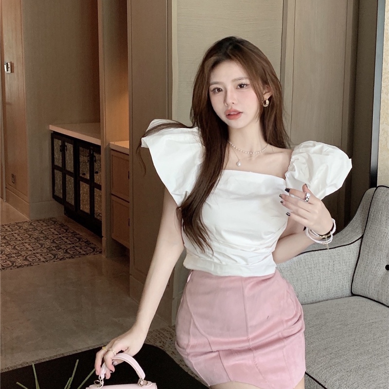 SUXI Áo Tay Phồng Ngắn Cổ Vuông Màu Sắc Đơn Giản Thời Trang Mùa Hè Cho Nữ