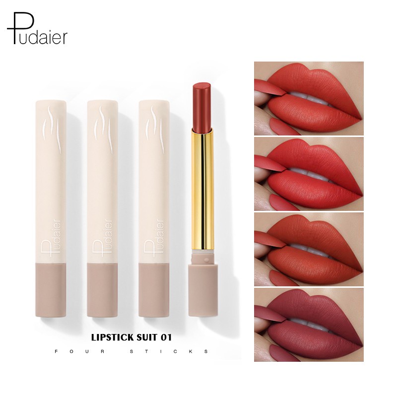 Set 4 Son Môi Pudaier Thiết Kế Dạng Ống Xinh Xắn Lâu Trôi Lên Màu Chuẩn 35g