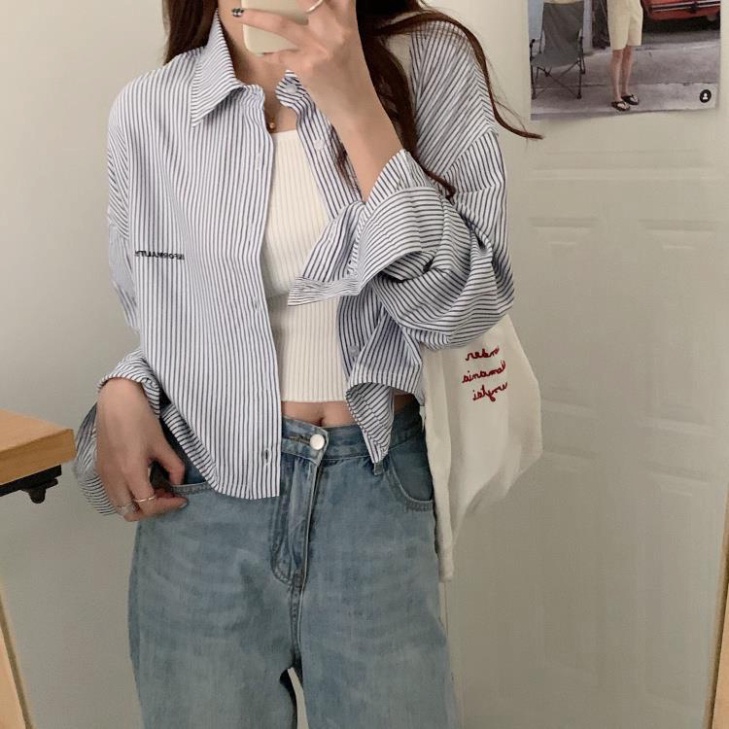 Áo sơ mi croptop tay dài kẻ sọc thêu họa tiết thời trang mùa hè xinh xắn dành cho nữ - Hàng mới về