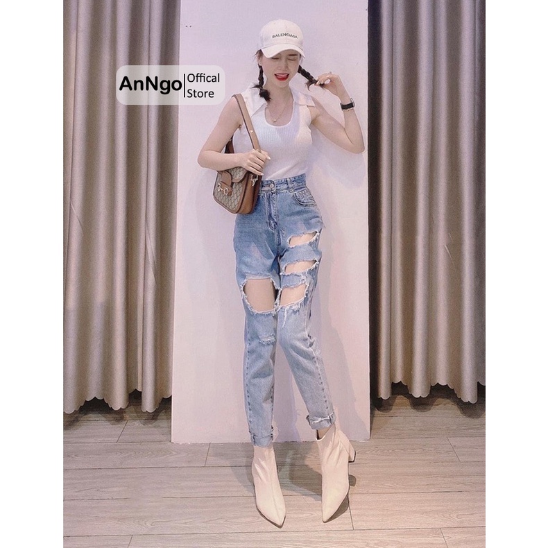Quần jean nữ baggy ống bo xước rách , chất vải Jean Denim dày bền màu AnNgo - AT125
