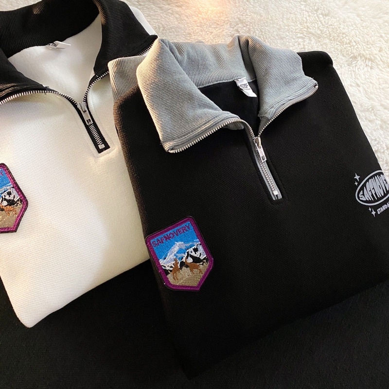 Áo sweater nam nữ dáng polo cổ tay áo phối hoạ tiết hình thêu