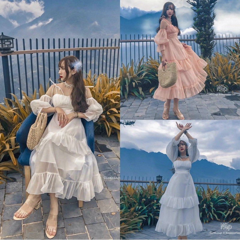 Đầm maxi trễ vai hai dây tầng đi biển du lịch (Ảnh thật trãi sàn)