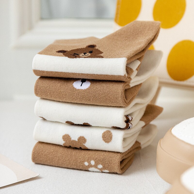 Set 5 Đôi Tất Cotton Mềm Mại Thoáng Khí In Hình Gấu Đáng Yêu Cho Nữ