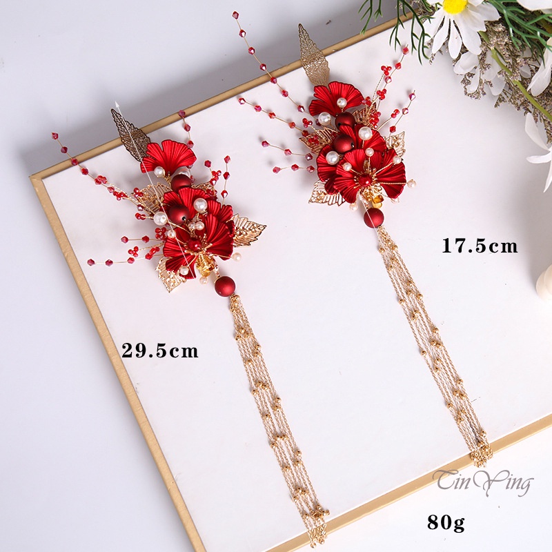 GETNOIVAS Trâm Cài Tóc Đính Hoa Đỏ Tua Rua Phong Cách Trung Hoa Truyền Thống