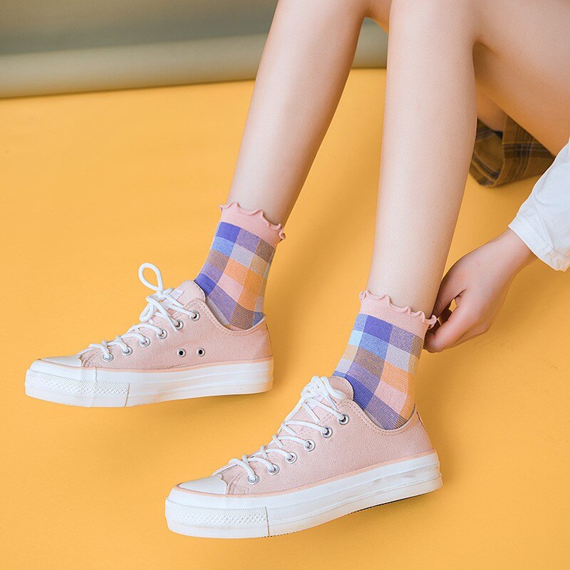 Plaid Ruffles Sweet Girls Ankle Socks Fashion Cotton Checked Women Cozy Hosiery Cute Japanese Female Crew Socks