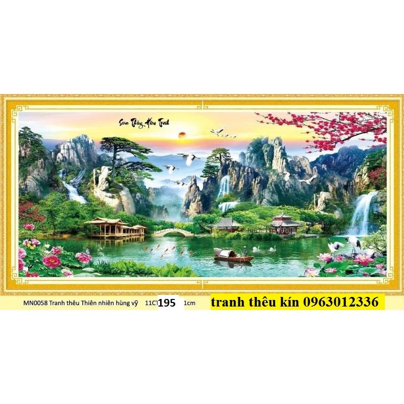 tranh thêu chữ thập phong cảnh sơn thủy hữu tình kt 195x93cm