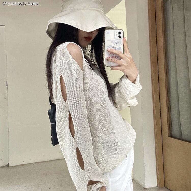 Áo Dệt Kim Chui Đầu Cổ Tròn Dáng Rộng Thiết Kế Rách Thời Trang Mùa Hè Năm 2021 Cho Nữ