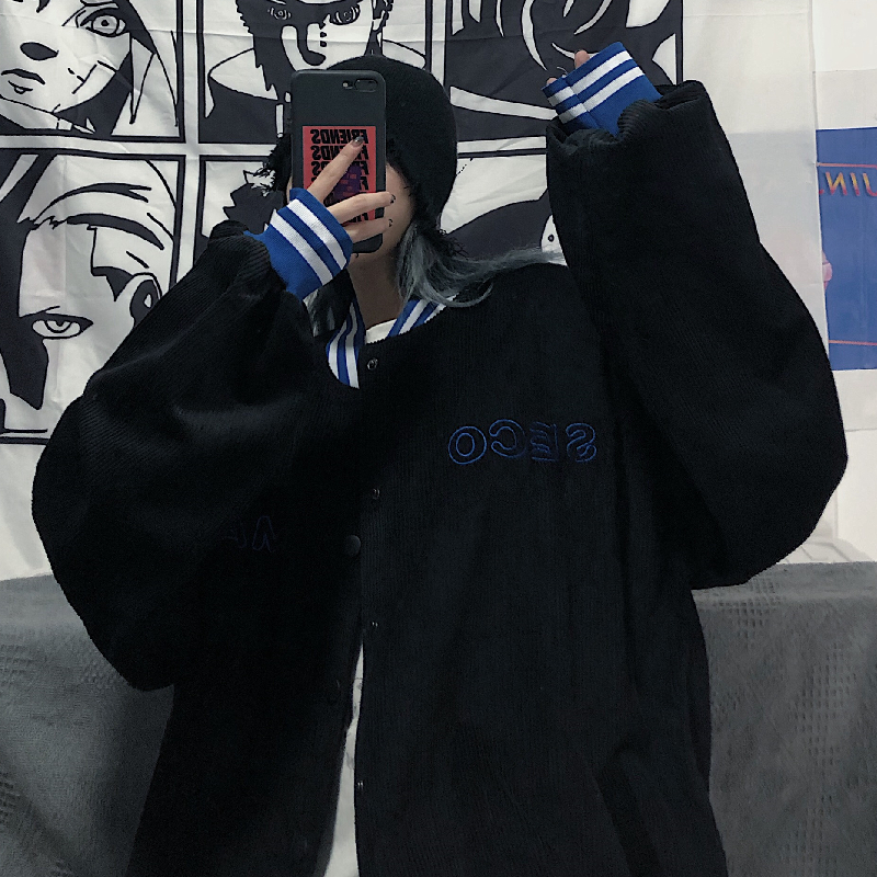Áo khoác bóng chày vải nhung kẻ thêu chữ phong cách Harajuku cá tính cho nam và nữ | BigBuy360 - bigbuy360.vn