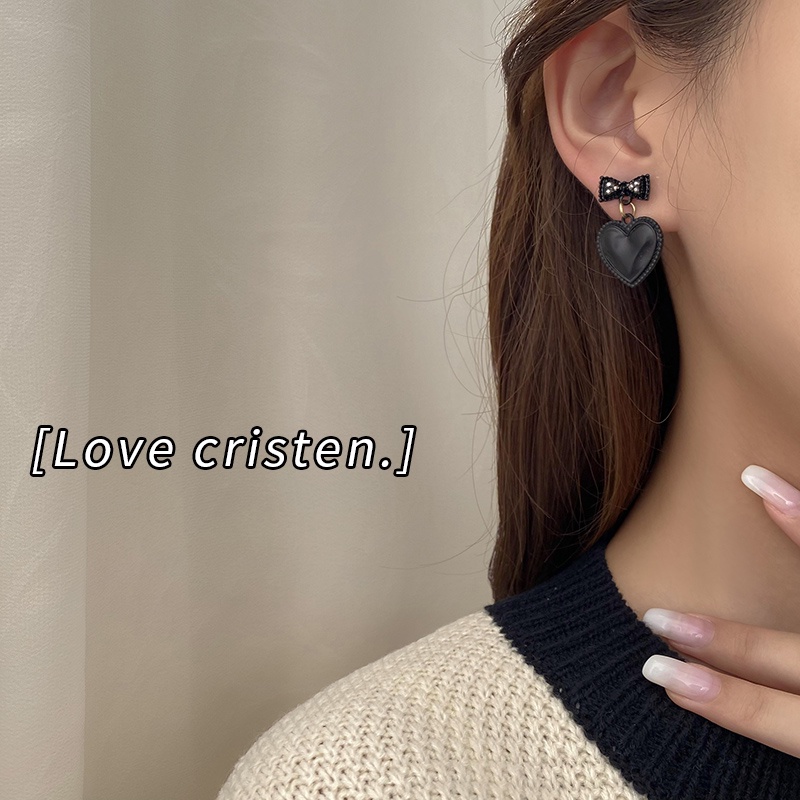Bông Tai Dáng Dài Hình Trái Tim Màu Đen Ngọt Ngào Dễ Thương Cho Nữ