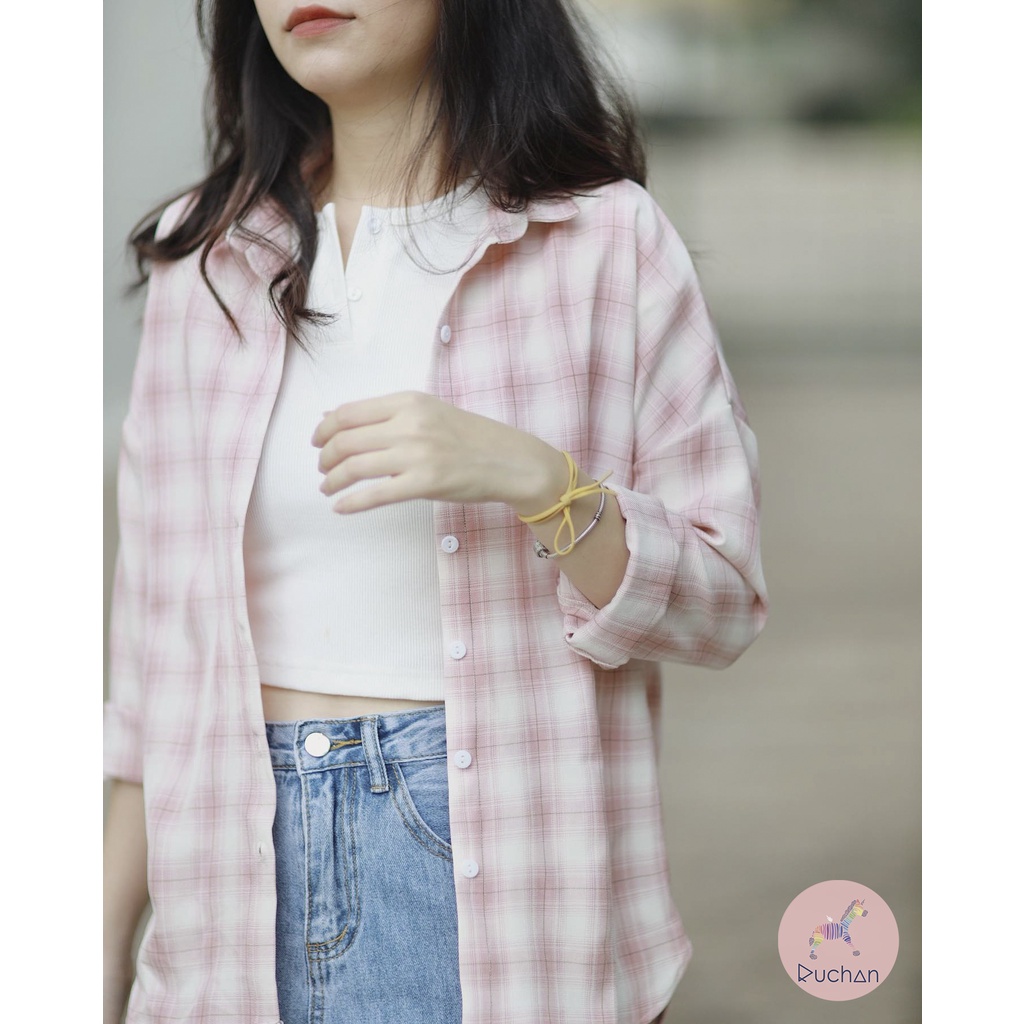 Áo sơ mi caro nữ form rộng RUCHAN kiểu tay dài kẻ sọc oversized có cổ khoác ngoài thiết kế thời trang màu caro hồng