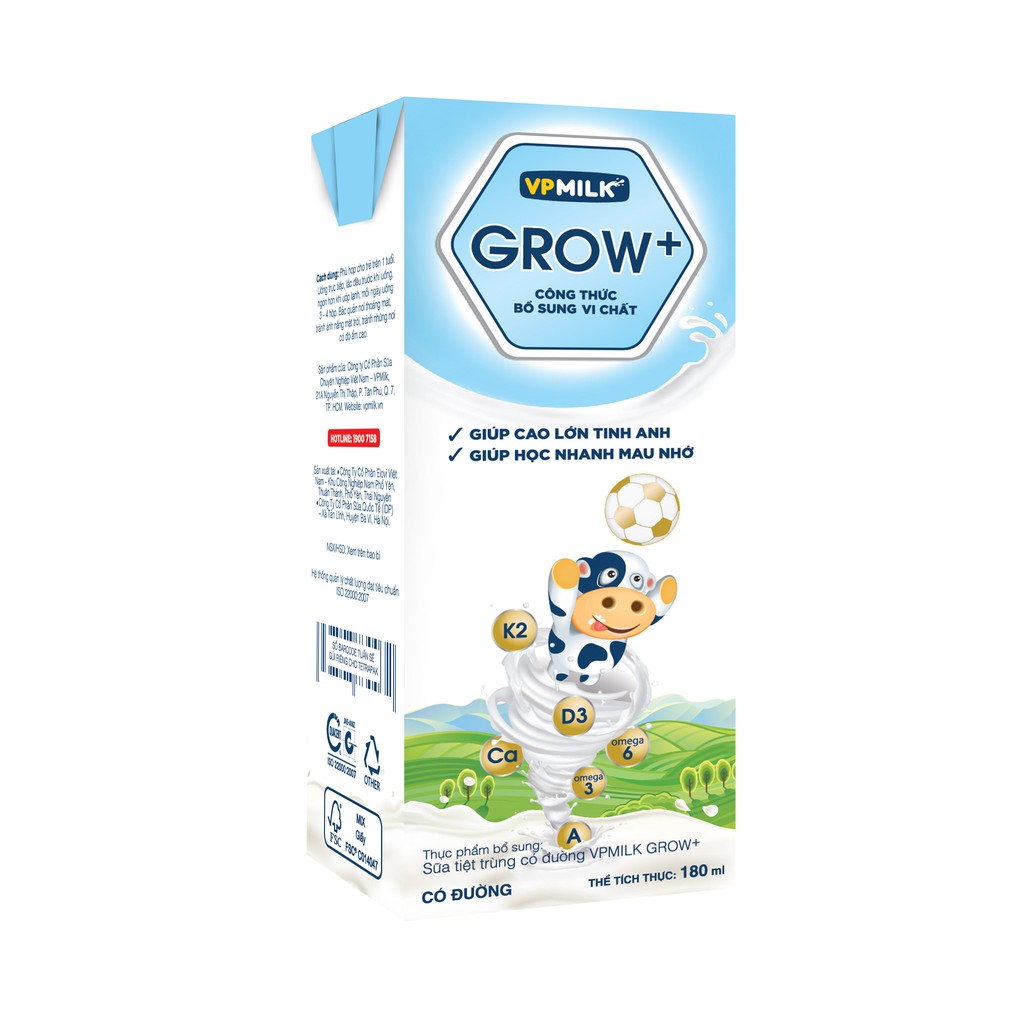 01 Thùng sữa tiệt trùng có đường VPMilk Grow+ trắng (110ml và 180ml) Ship hàng toàn quốc