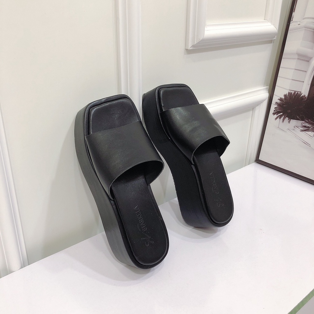 Dép nữ đế xuồng mũi vuông cao 7 phân mẫu mới siêu Hot thiết kế trẻ trung - Dép bánh mì quai ngang nhẹ êm