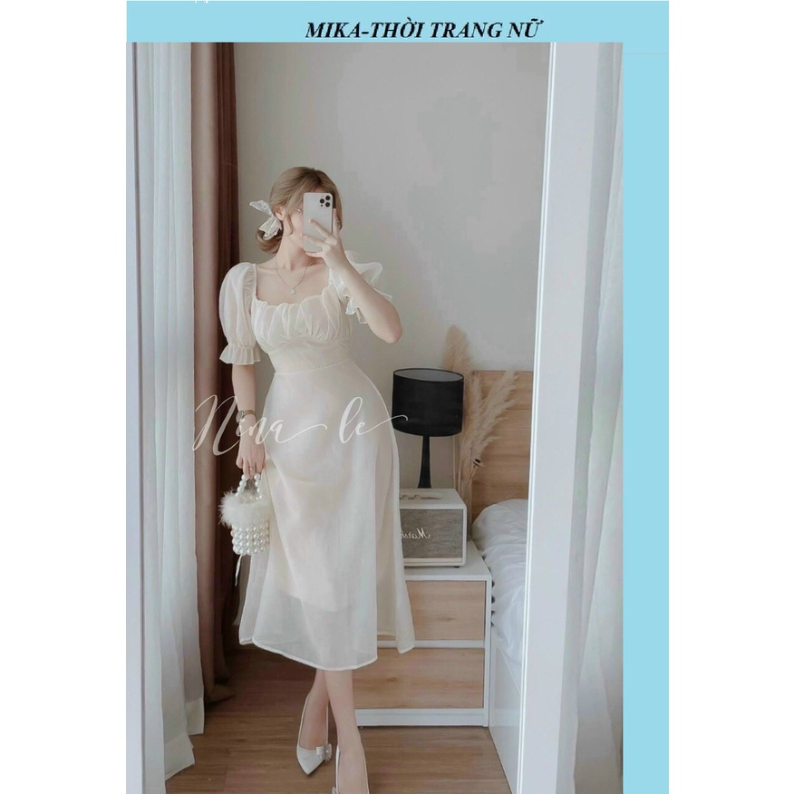 Đầm Váy Nữ Tiểu Thư Tay Phồng Xếp Ly Ở Ngực ( Có Mút ) Kèm Nơ Chất Voan Chingfon Qúa Xinh Xắn