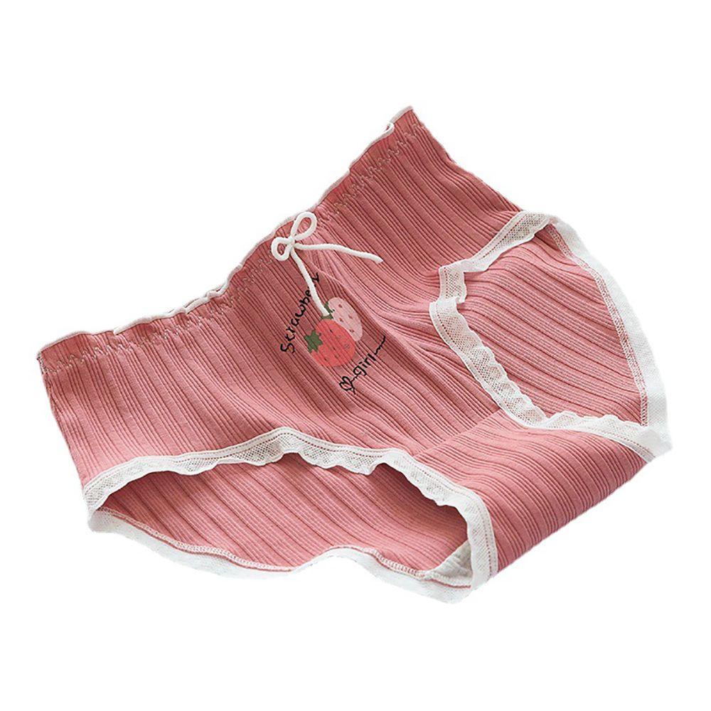 Quần Lót Lưng Vừa Phối Ren Thoáng Khí In Họa Tiết Dâu Tây / Thỏ Dễ Thương Thời Trang Cho Nữ 2Li