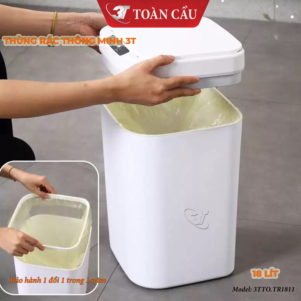 Thùng rác thông minh 18L Nguồn Sạc, 3 Chế Độ Mở Nắp Tự Động Bằng Cảm Biến Thông Minh, Nút Ấn Cảm Ứng