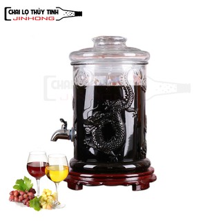 Bình ngâm rượu thủy tinh 19 lít dáng trụ có hoa văn rồng - có van và Không Van