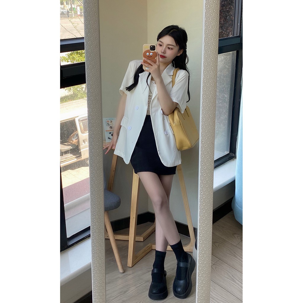 Áo khoác ngắn tay 1 lớp chất Ruby trượt Hàn Áo blazer cộc 5 màu hottrend túi giả Junnie Closet
