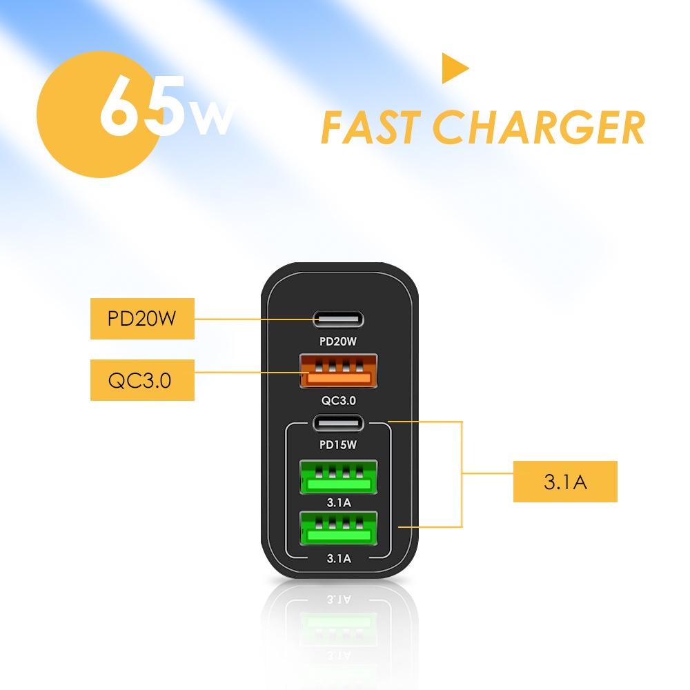 Bộ SạC Nhanh QC3.0 PD20W 65W 5 cổng USB Type C TiệN DụNg Đi Du LịCh