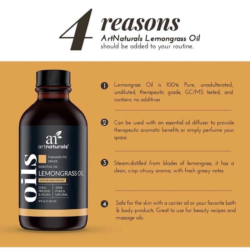 Tinh dầu sả chanh lemongrass 100% nguyên chất Artnaturals 118ml USA