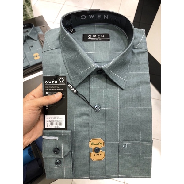 Áo sơ mi owen dài tay màu xanh rêu caro regular fit vải sợi tre AR220790DT