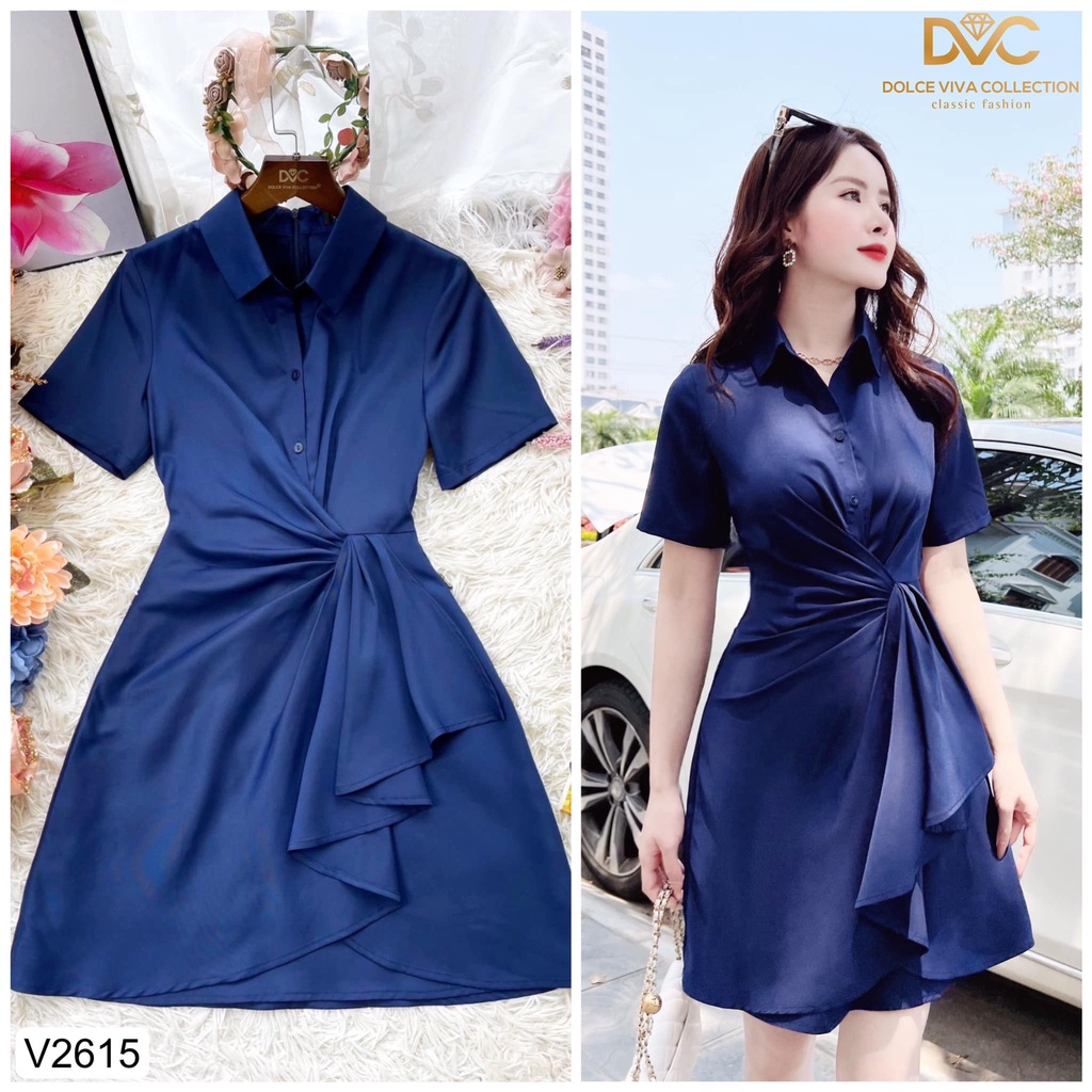 Váy sơ mi pha lụa Hàn xanh than xòe nhún eo thiết kế V2615