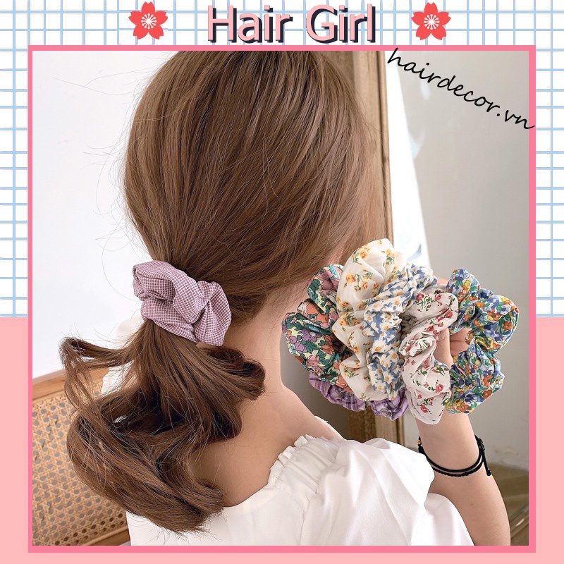 Dây thun cột tóc in họa tiết caro phối hoa kiểu Pháp cổ điển dễ thương cho nữ