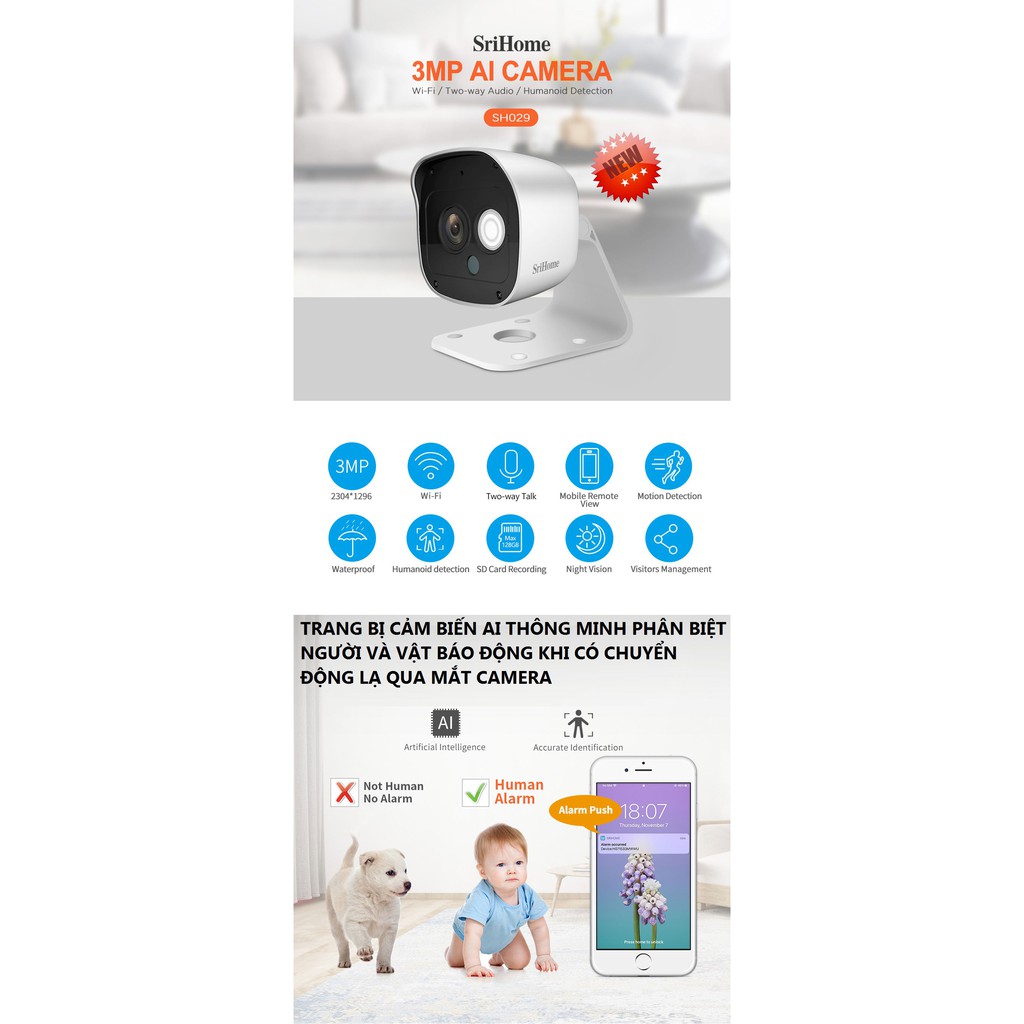 Camera ip wifi SH029 - 3MP(1296 Pixel) Ngoài Trời FHD Tặng Kèm Thẻ 128GB  - Kết nối wifi - LeD Hồng Ngoại bảo hành 5 năm