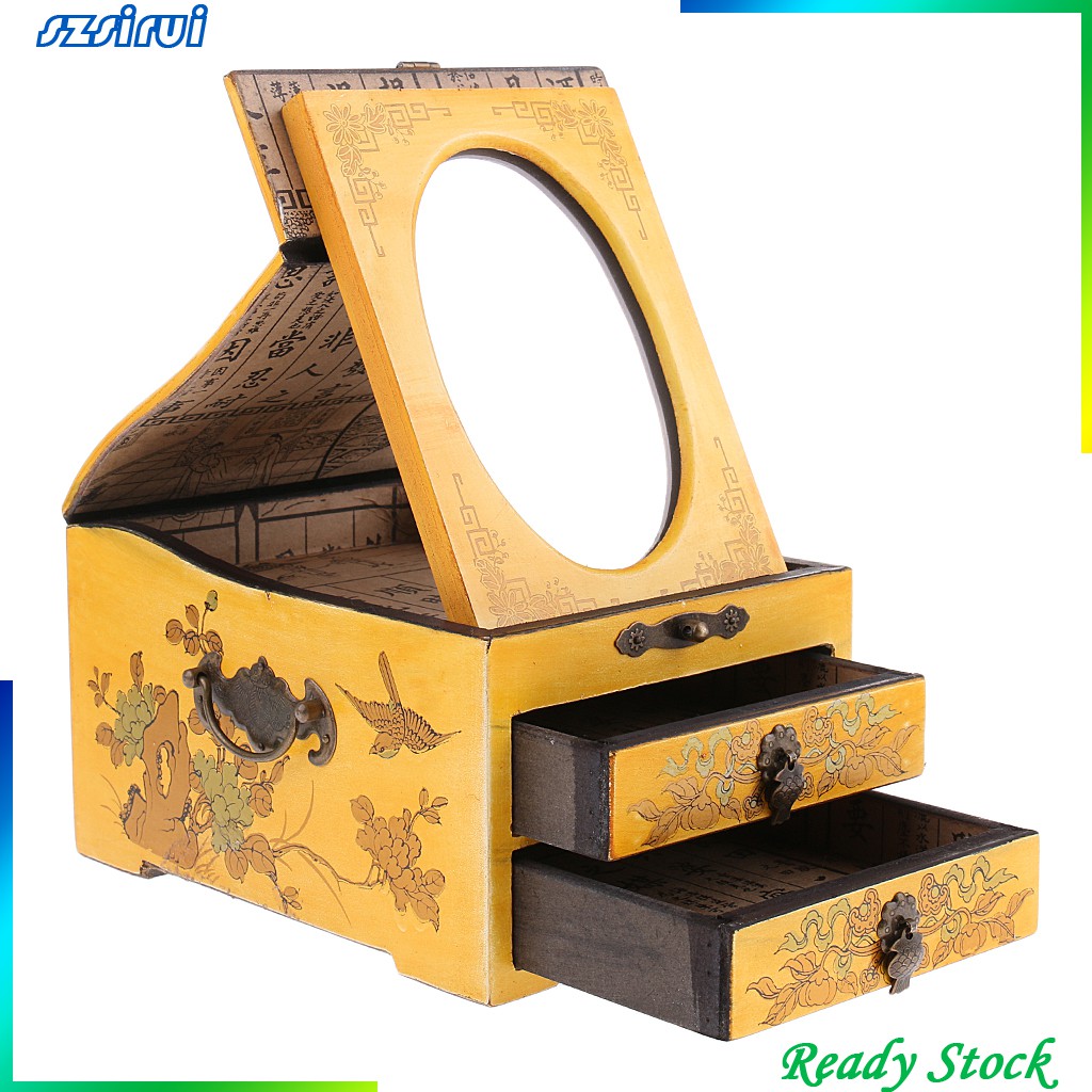 Hộp Đựng Trang Sức Bằng Gỗ 2 Ngăn Kéo 1 Gương Phong Cách Vintage Ốp