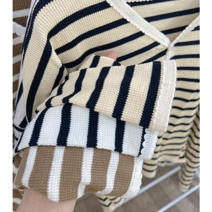 áo khoác cardigan cổ V viền ren dệt kim tay dài họa tiết kẻ sọc thời trang thanh lịch dành cho nữ hàng Quảng châu