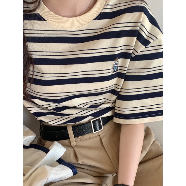 Áo Thun Nữ Ngắn Tay Cổ Tròn Họa Tiết Kẻ Sọc Thời Trang Mùa Hè