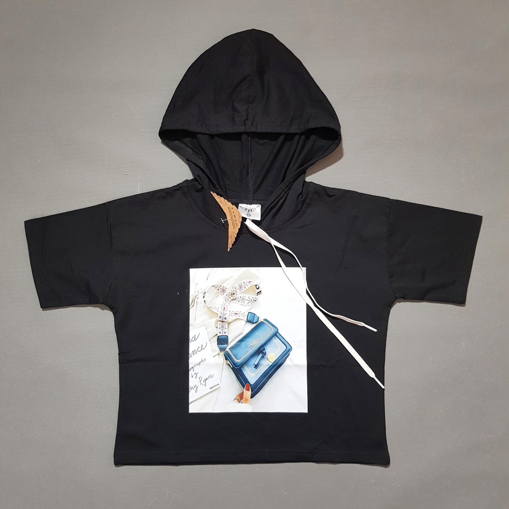 Áo thun hoddie cotton 100% mềm mát in túi xách cho bé gái ( 2 màu trắng và đen)