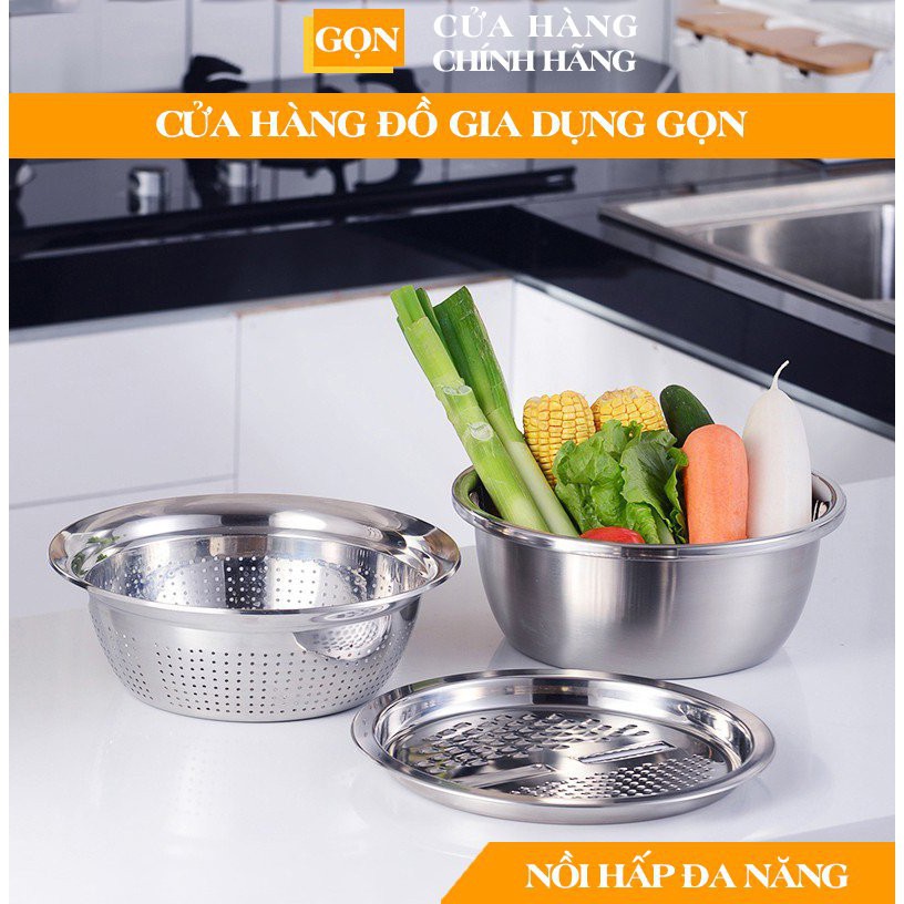 Bộ rổ, chậu kèm nạo rau củ quả inox đa năng 3 trong 1